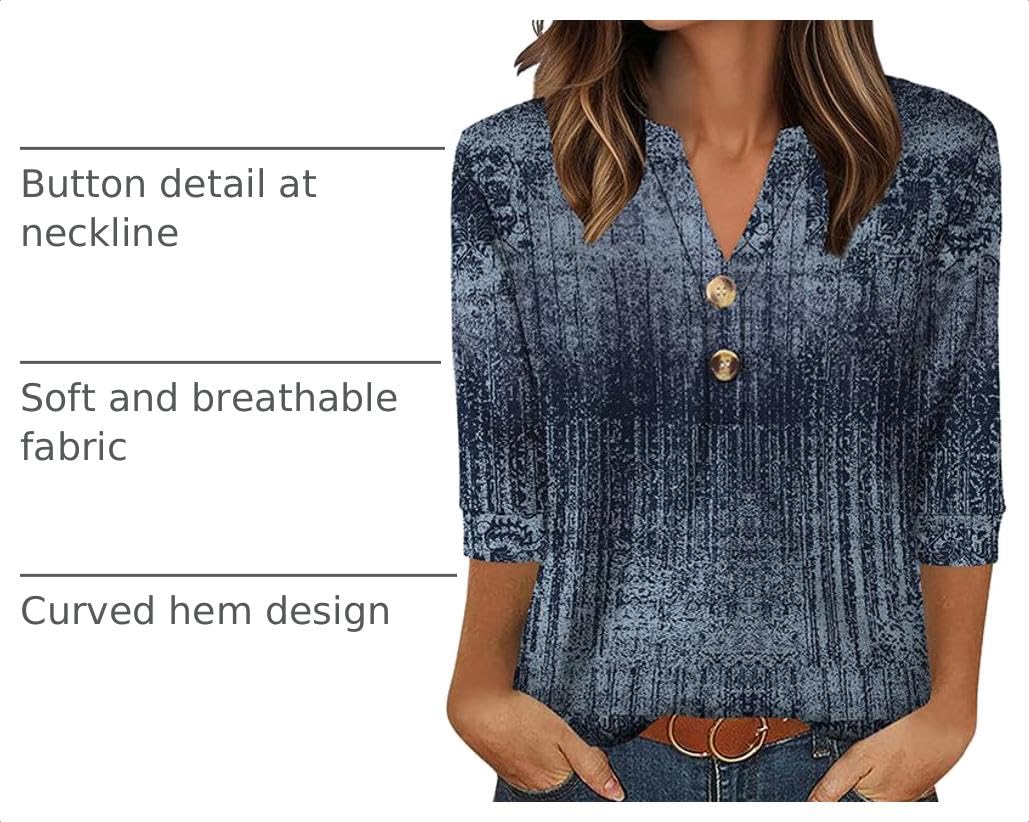 OFEEFAN Womens Tops 3/4 Sleeve Henley Shirts for Women Summer Outfits Fashion Clothing