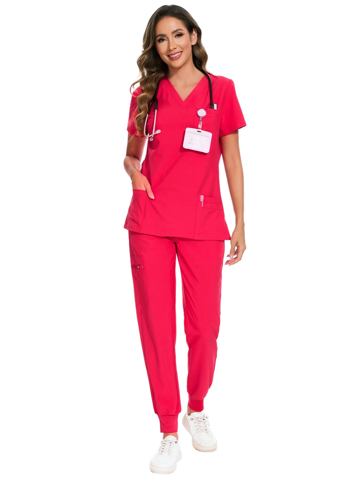 COZYFIT Scrubs for Women Set - Stretch V-Neck & Jogger Pant with 9 Pockets