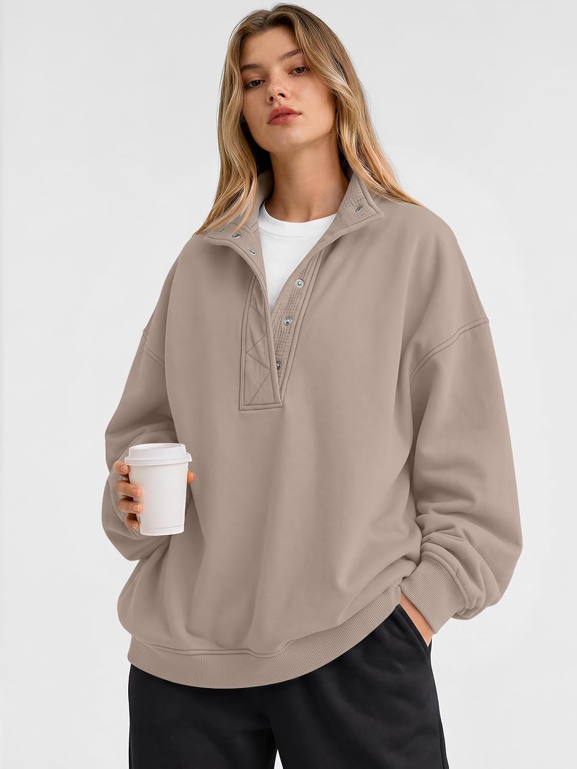 Trendy Queen Womens Oversized Sweatshirts with Snap Button Henley Collar