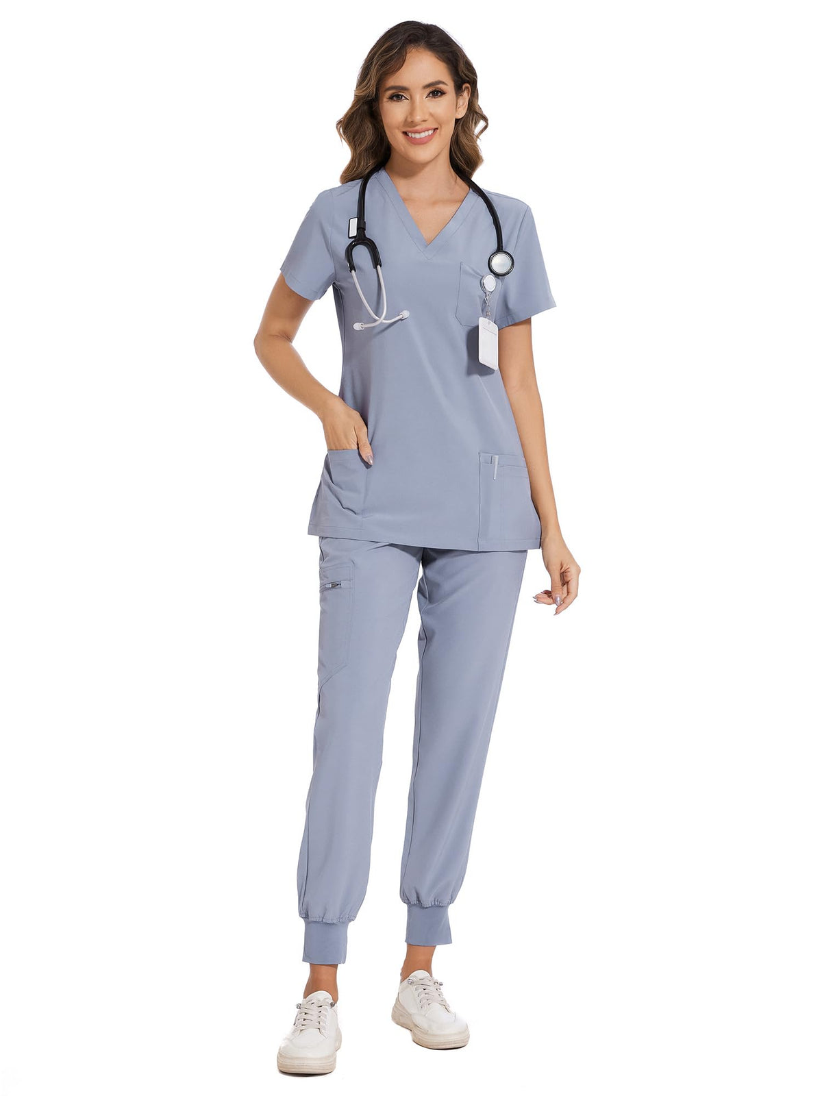 COZYFIT Scrubs for Women Set - Stretch V-Neck & Jogger Pant with 9 Pockets