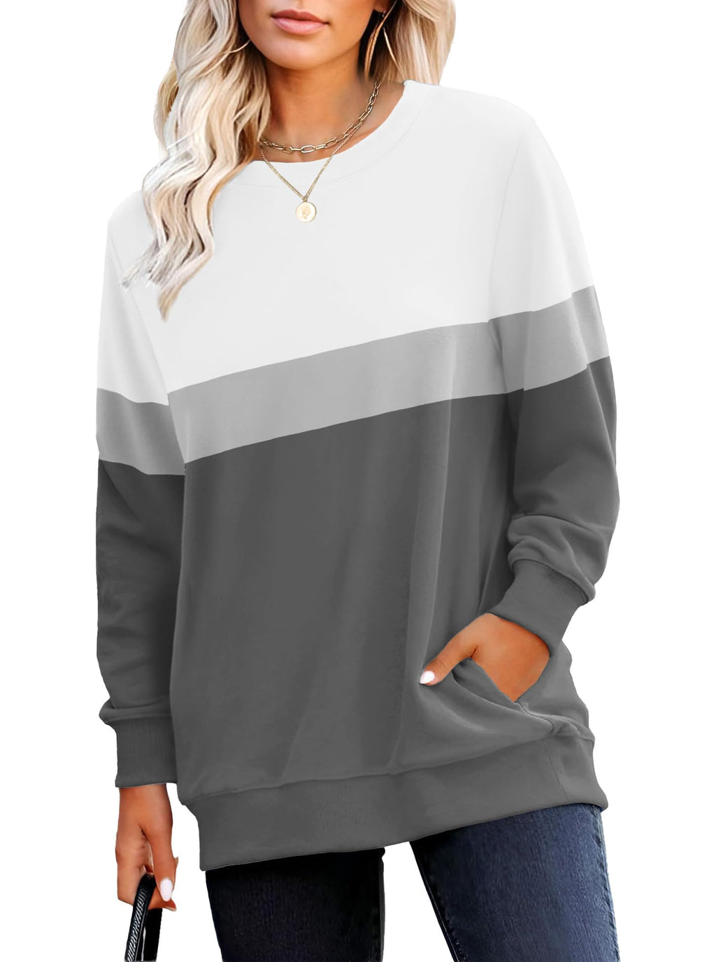 RUMIA Crewneck Fall Sweatshirt for Women Plain Long Sleeve Top with Pocket