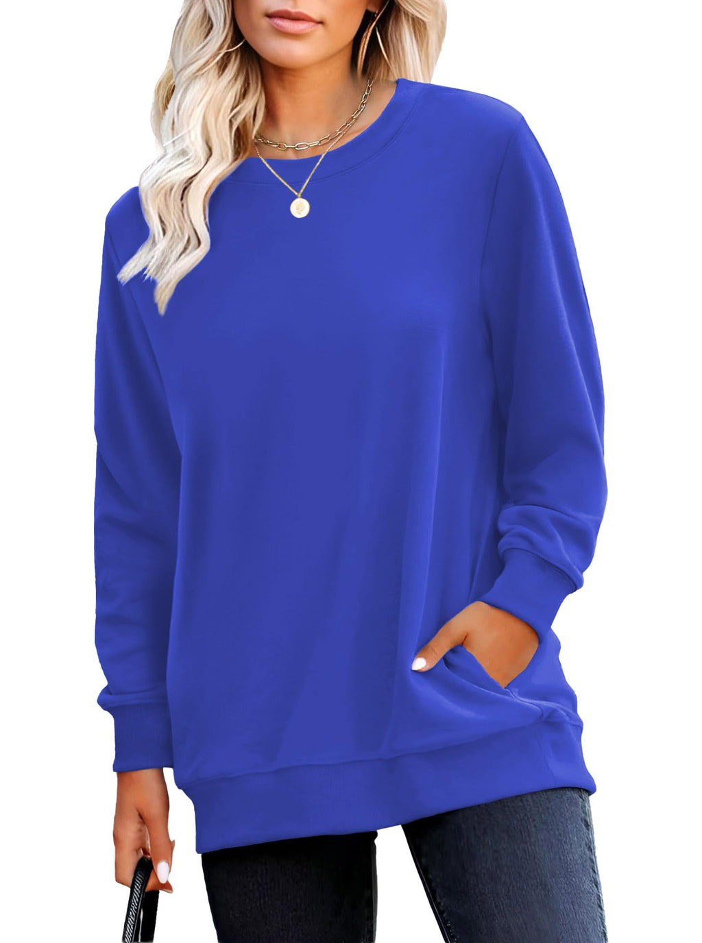RUMIA Crewneck Fall Sweatshirt for Women Plain Long Sleeve Top with Pocket