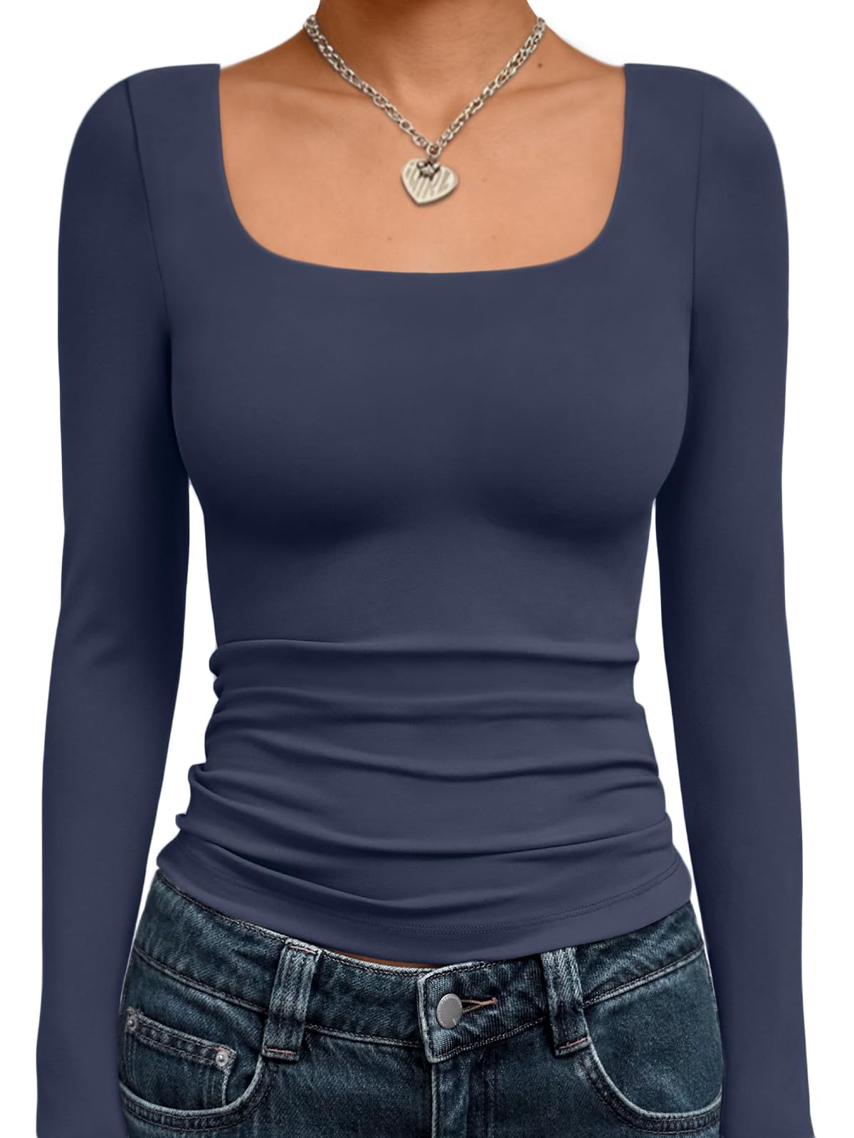 Trendy Queen Womens Square Neck Long Sleeve Shirts Double Lined Fall Tops
