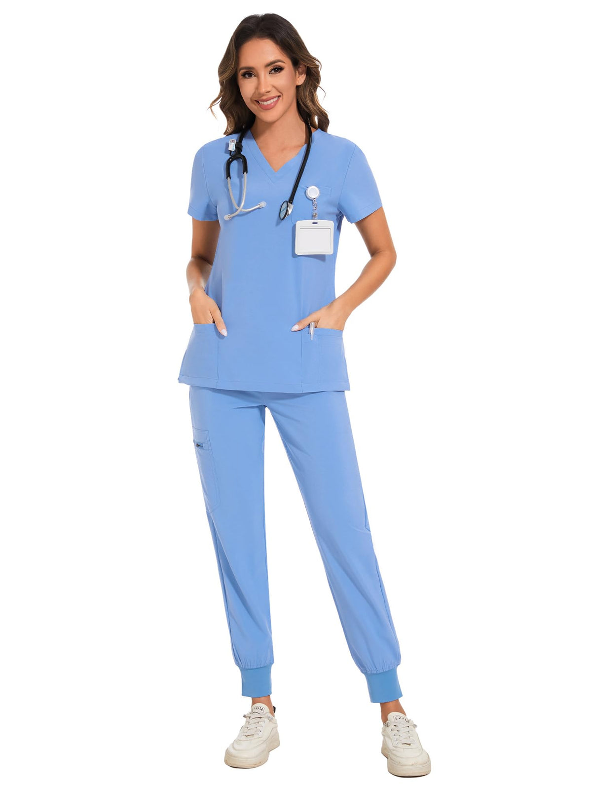 COZYFIT Scrubs for Women Set - Stretch V-Neck & Jogger Pant with 9 Pockets