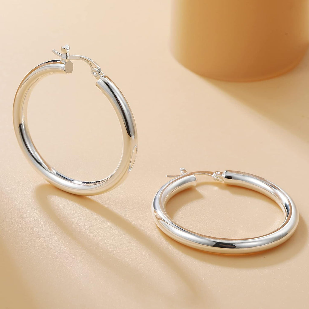 4mm Thick Gold Chunky Earrings Steling Silver Post Hoops Earrings For Women Hollow Tube Hoops Earrings Thick Gold Hoop Earrings Hypoallergenic Lightweight Gold Hoop Large Earrings 20/30/40/50/60MM