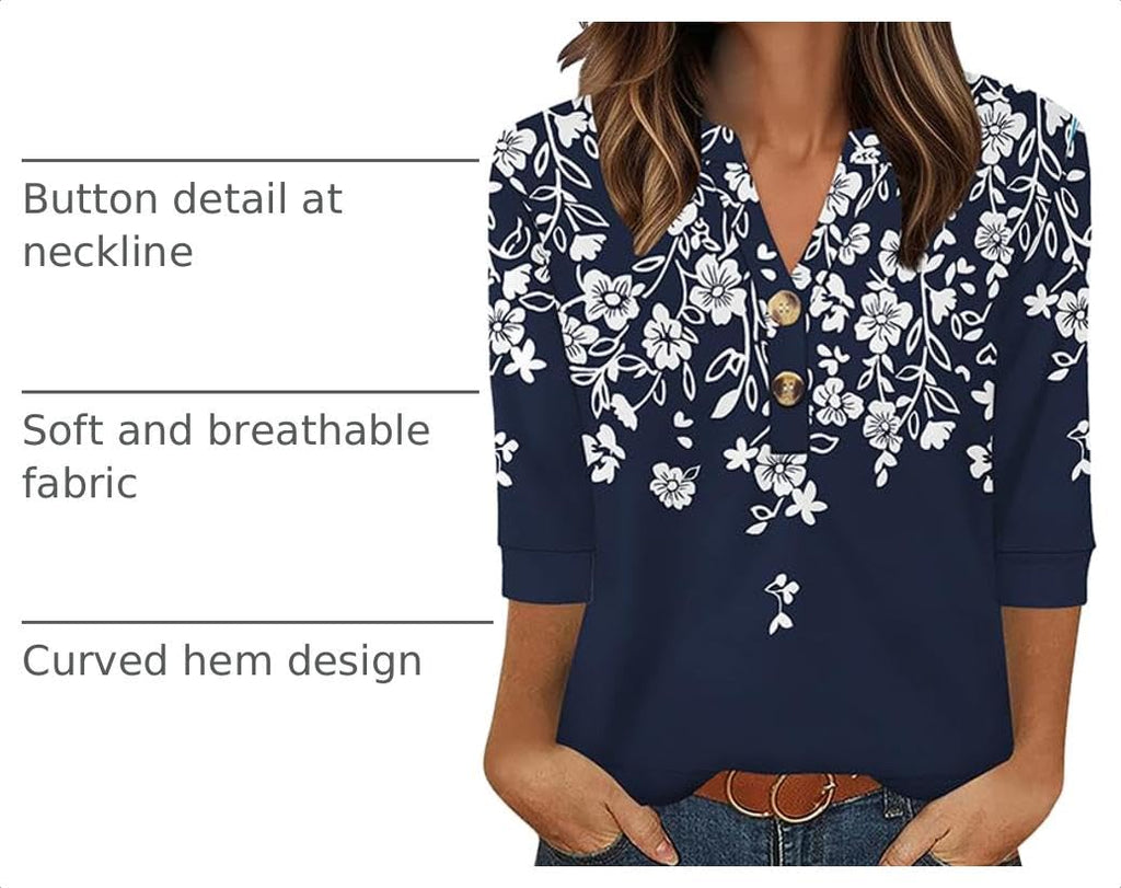 OFEEFAN Womens Tops 3/4 Sleeve Henley Shirts for Women Summer Outfits Fashion Clothing
