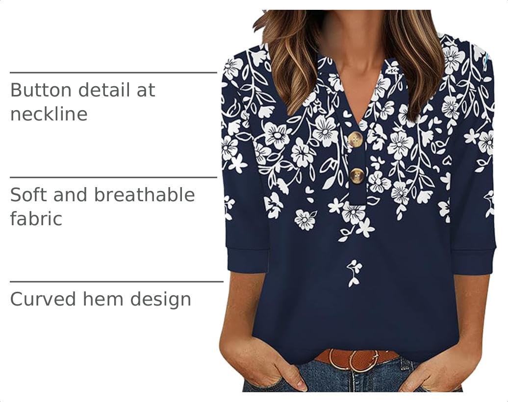 OFEEFAN Womens Tops 3/4 Sleeve Henley Shirts for Women Summer Outfits Fashion Clothing