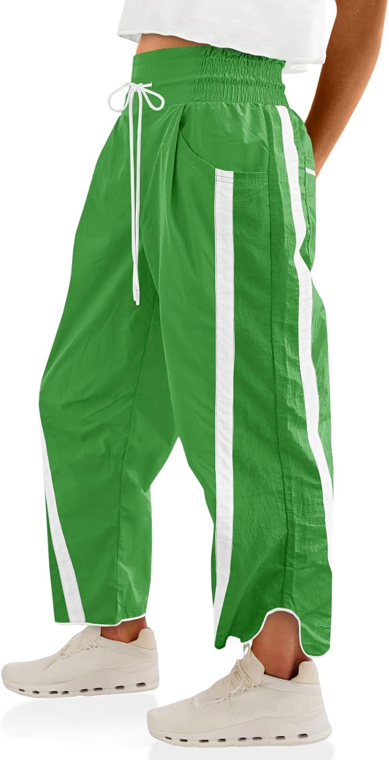 Fisoew Women's Baggy Wide Leg Pants Casual Drawstring Elastic Waisted Contrast Color Workout Y2K Track Pants