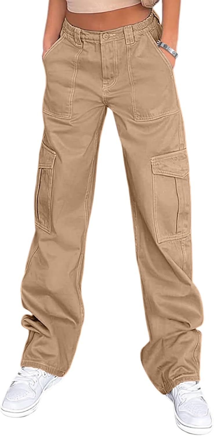 Lepunuo Cargo Pants for Women High Waisted Casual Pants Baggy Stretchy Wide Leg Y2K Streetwear with 6 Pockets