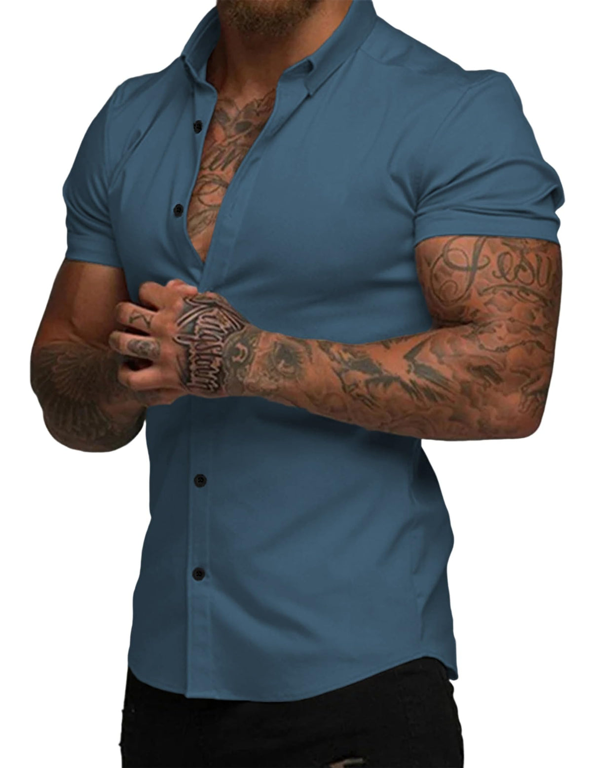 JMIERR Men's Muscle Fit High Stretch Wrinkle-Free Button Down Dress Shirts Summer Casual Short Sleeve Shirt