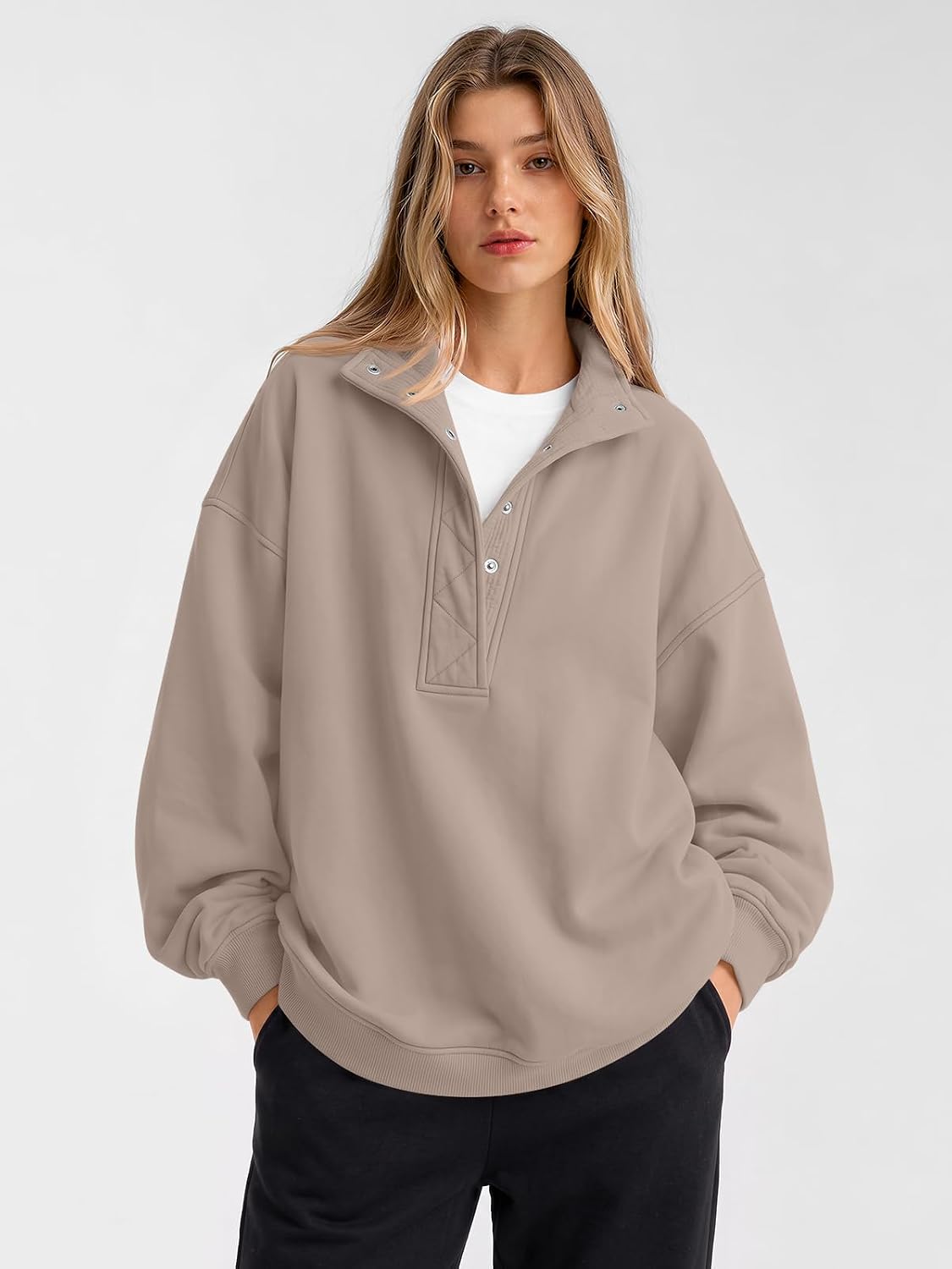 Trendy Queen Womens Oversized Sweatshirts with Snap Button Henley Collar