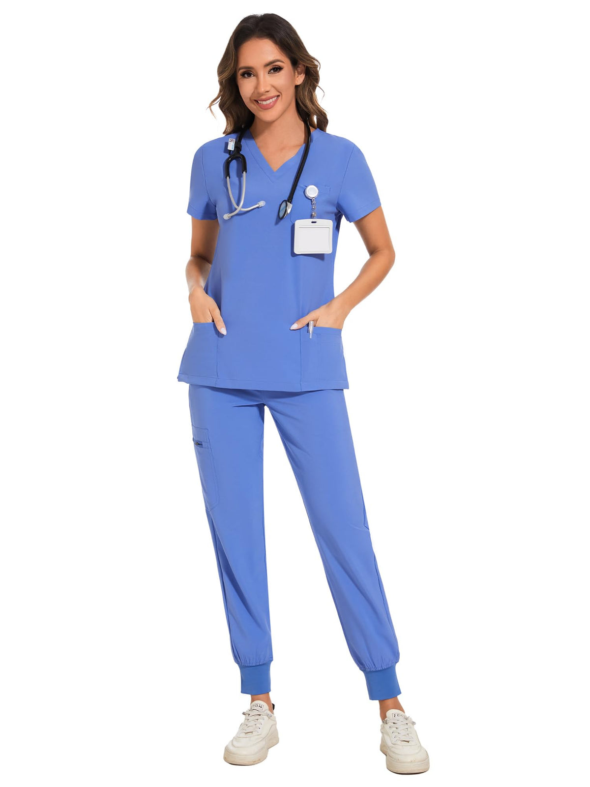 COZYFIT Scrubs for Women Set - Stretch V-Neck & Jogger Pant with 9 Pockets