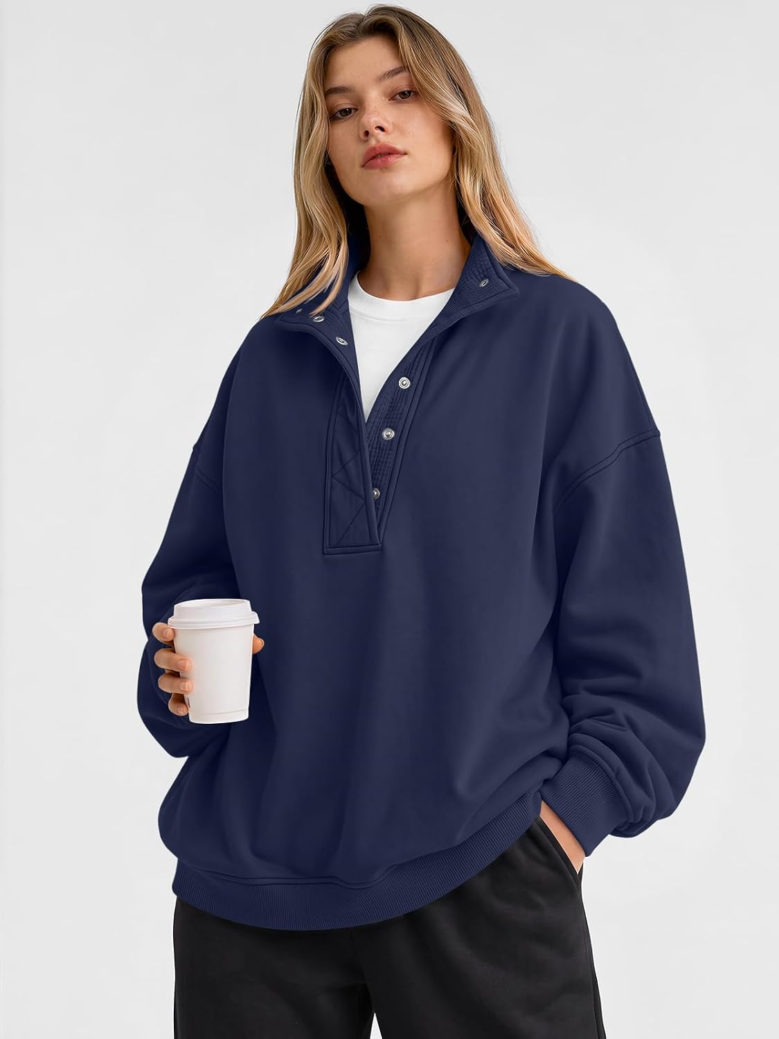 Trendy Queen Womens Oversized Sweatshirts with Snap Button Henley Collar