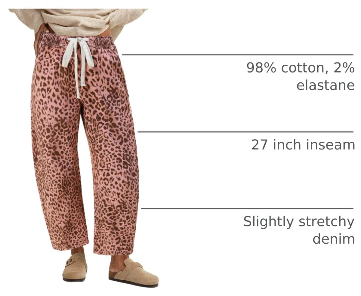 GRAPENT Barrel Jeans for Women Trendy High Waisted Pull On Wide Leg Cropped Leopard Cheetah Print Stretchy Denim Pants