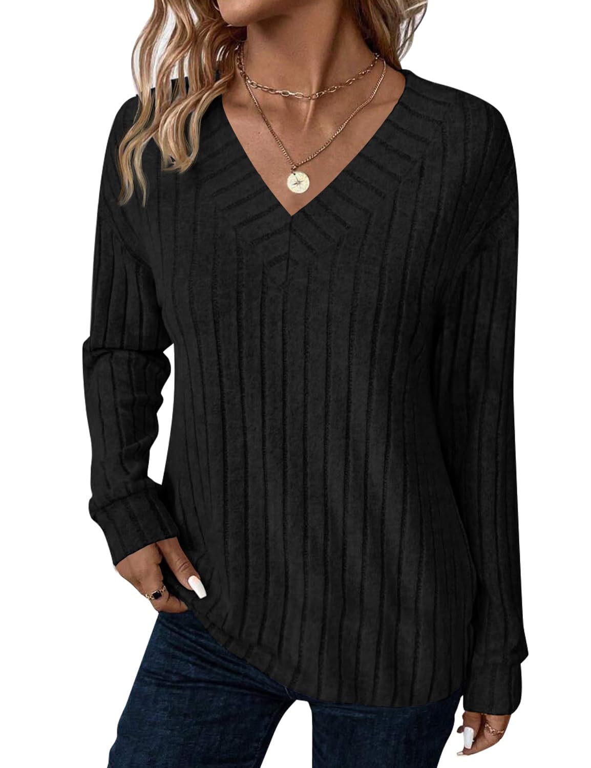 JUSTFASHIONNOW Long Sleeve V Neck Shirts for Women Lightweight Sweaters