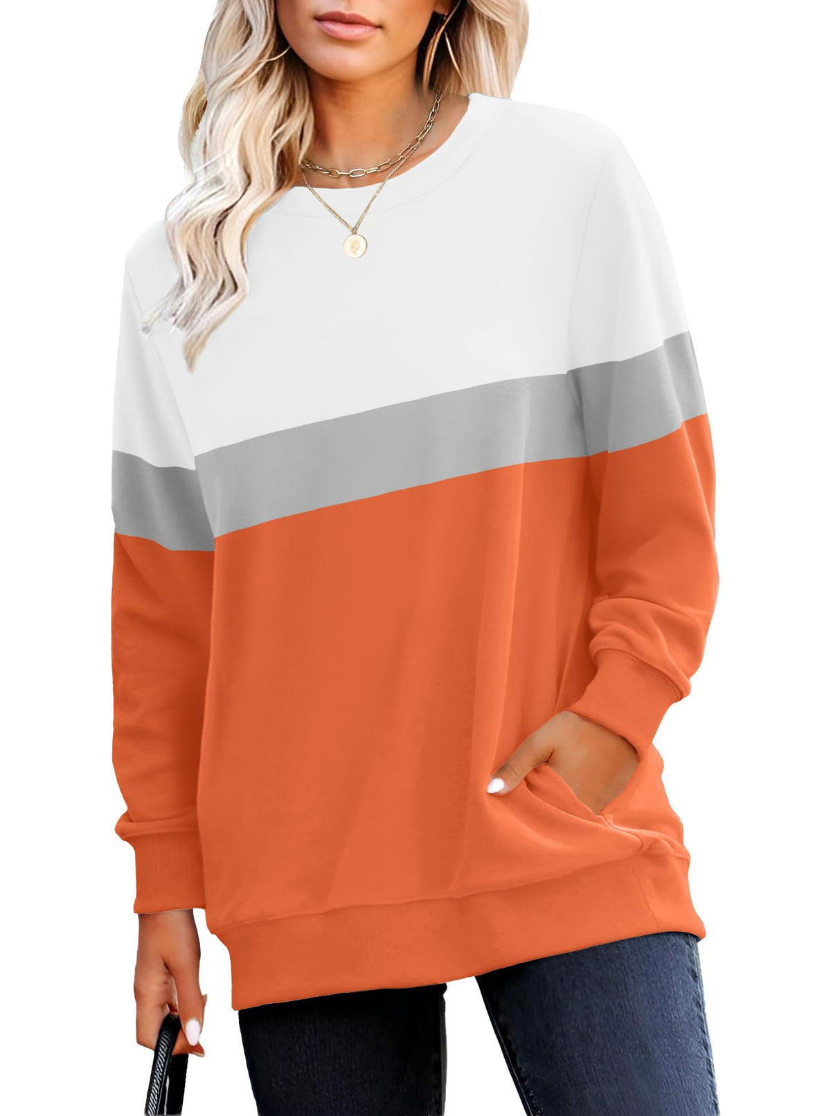 RUMIA Crewneck Fall Sweatshirt for Women Plain Long Sleeve Top with Pocket