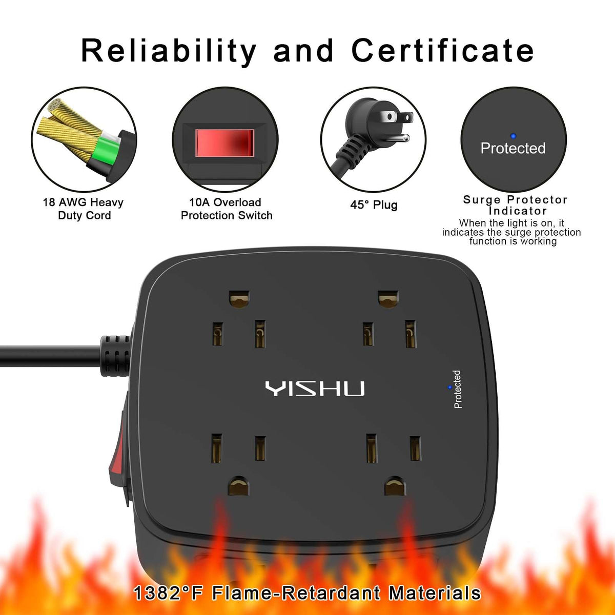 YISHU 6Ft Surge Protector Power Strip with 8 Widely Outlets & 4 USB Ports