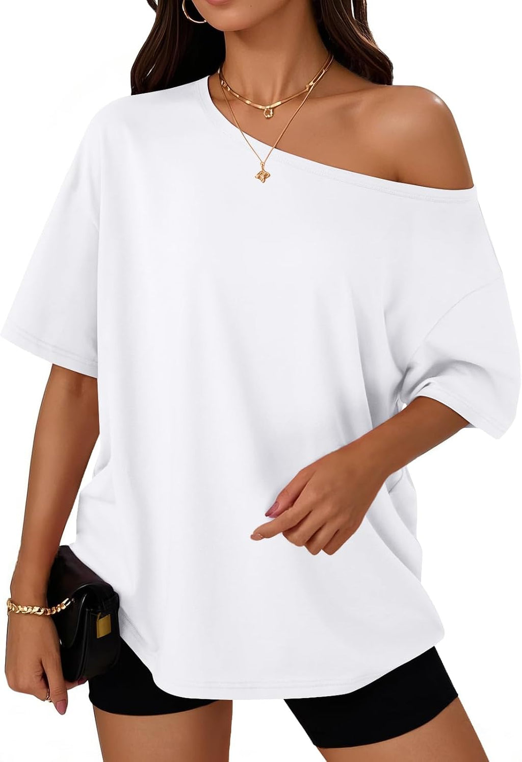 Trendy Queen Womens Off the Shoulder Tops Oversized Summer T-Shirts 2026