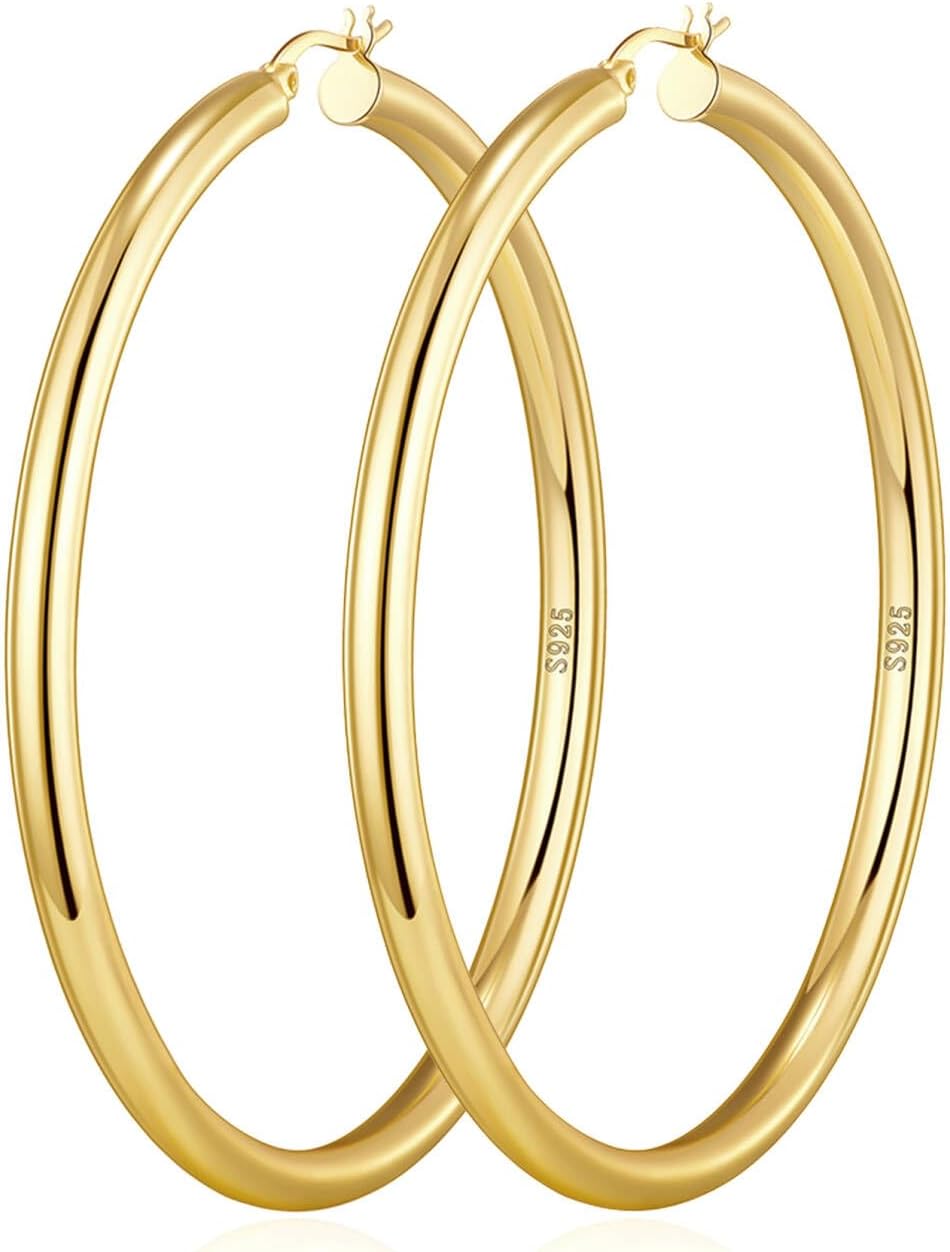 4mm Thick Gold Chunky Earrings Steling Silver Post Hoops Earrings For Women Hollow Tube Hoops Earrings Thick Gold Hoop Earrings Hypoallergenic Lightweight Gold Hoop Large Earrings 20/30/40/50/60MM