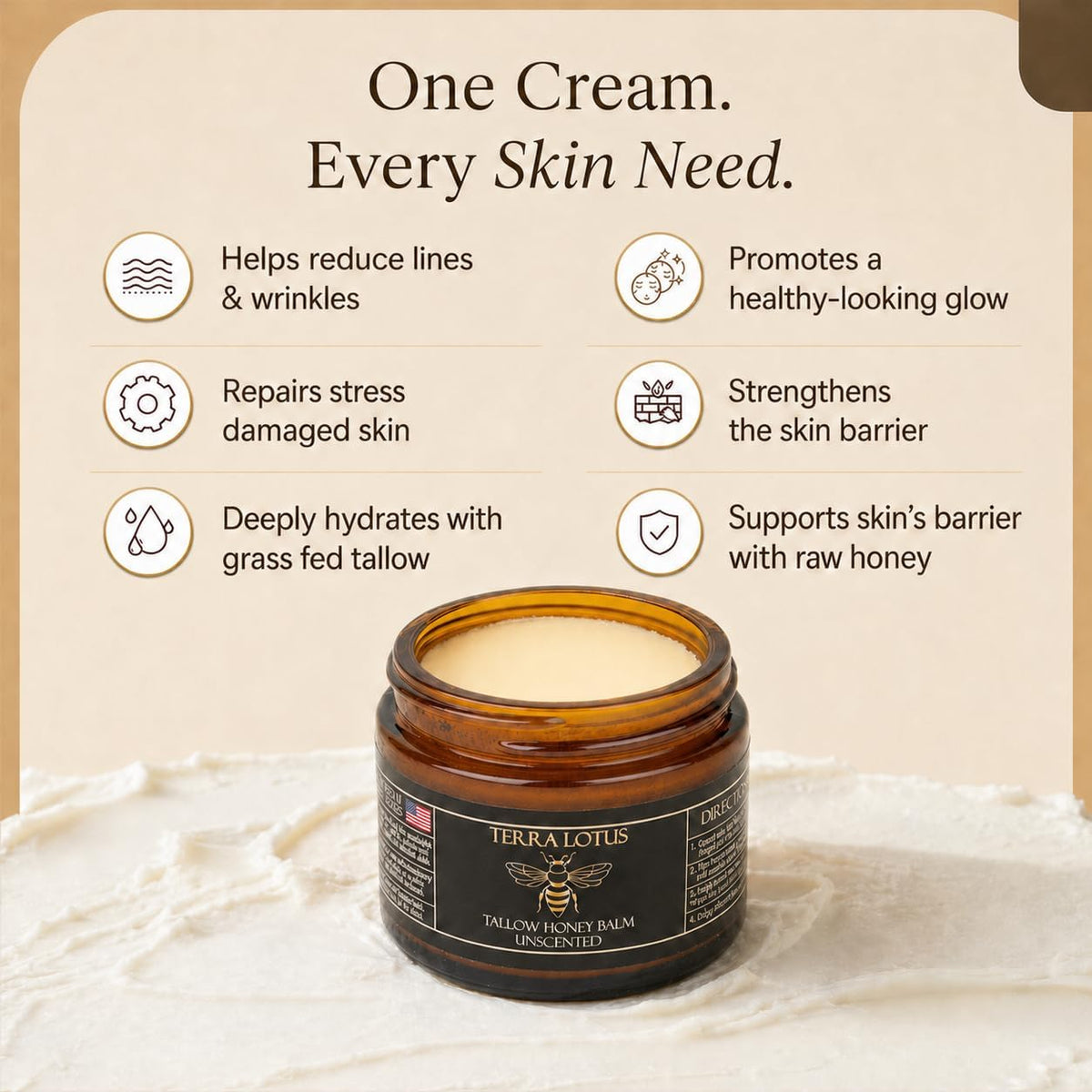 Terra Lotus - Organic Grass-Fed Beef Tallow Balm with Raw Honey - Moisturizing Cream - Handmade All-Natural Moisturizer (4 Oz, Unscented)
