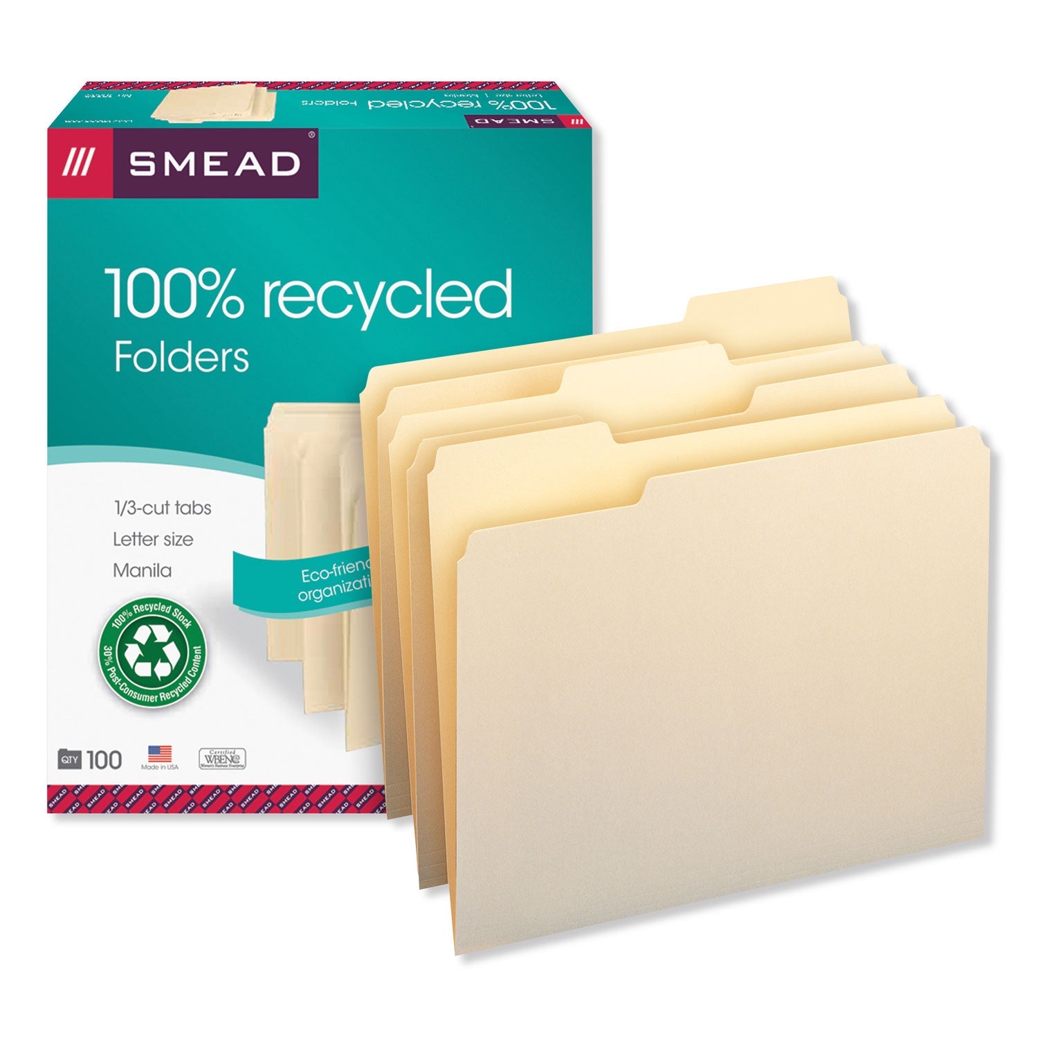 Smead 100% Recycled Manila Top Tab File Folders, 1/3-Cut Tabs: Assorted, Letter Size, 0.75" Expansion, Manila, 100/Box