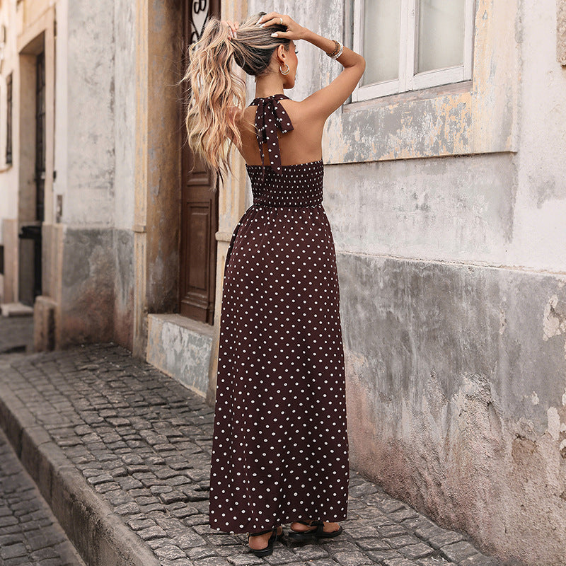 Women's Polka Dot V-Neck Halter A-Line Maxi Dress