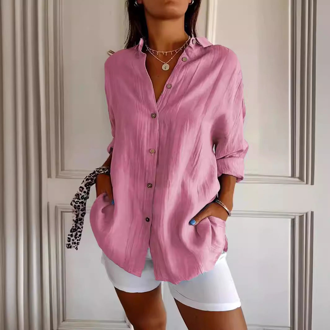 Women’s Lapel Long Sleeve Cardigan Shirt – Single-Breasted Pleated
