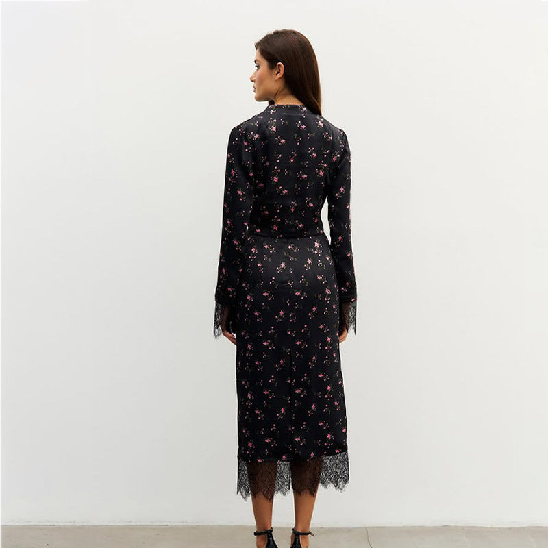 Women's Printed Long-Sleeve Lace Patchwork Two-Piece Skirt Set | S–L