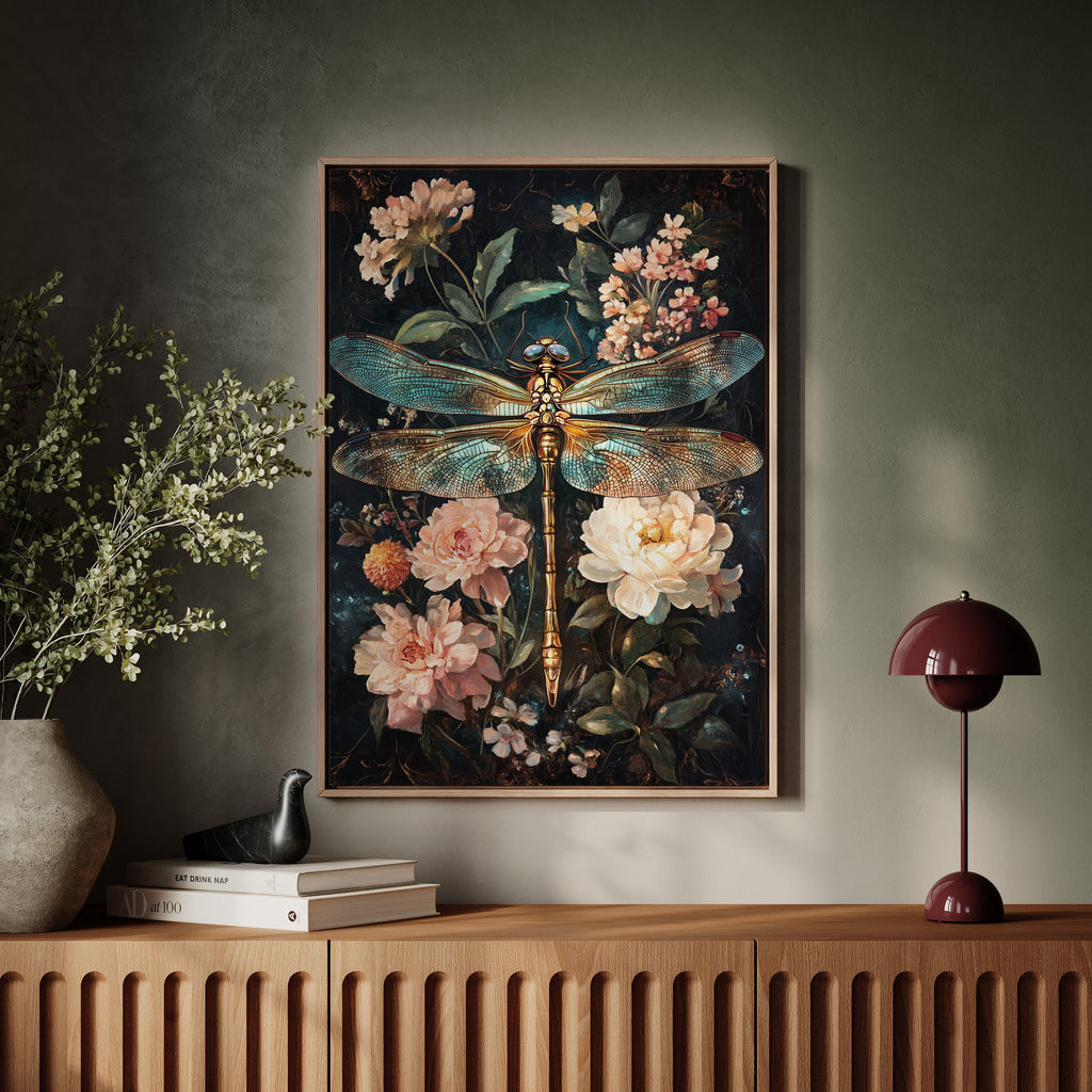 Golden Dragonfly: Dark Floral Baroque Canvas Wall Art