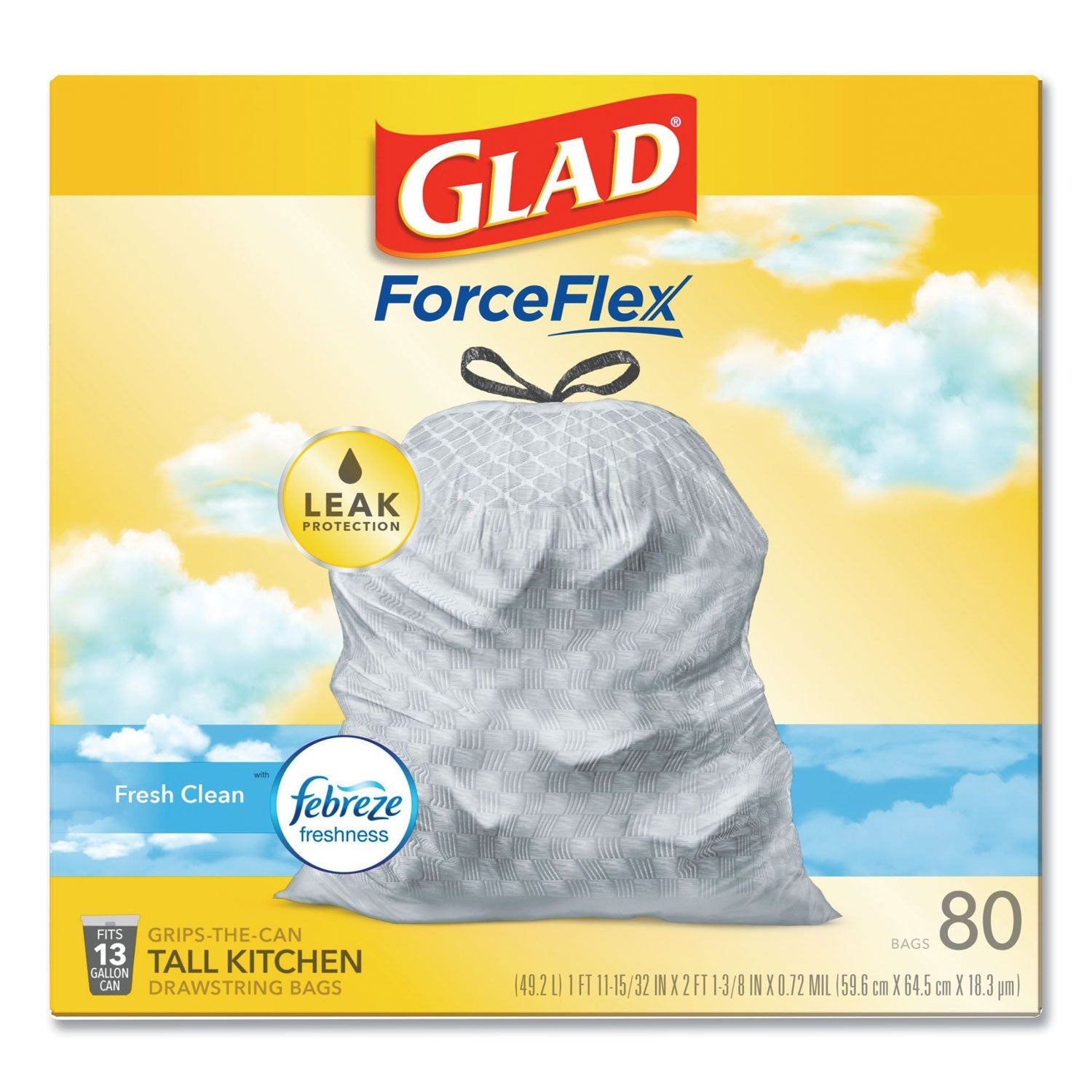 Glad OdorShield Tall Kitchen Drawstring Bags, 13 gal, 0.72 mil, 24" x 27.38", White, 80/Box