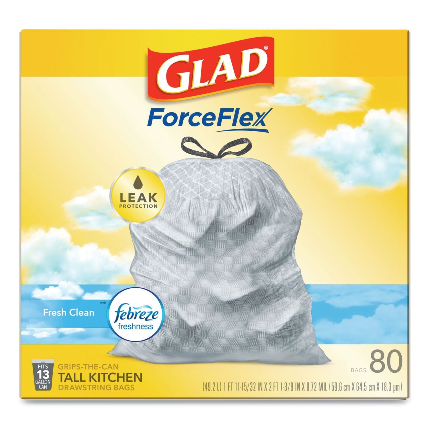 Glad OdorShield Tall Kitchen Drawstring Bags, 13 gal, 0.72 mil, 24" x 27.38", White, 80/Box