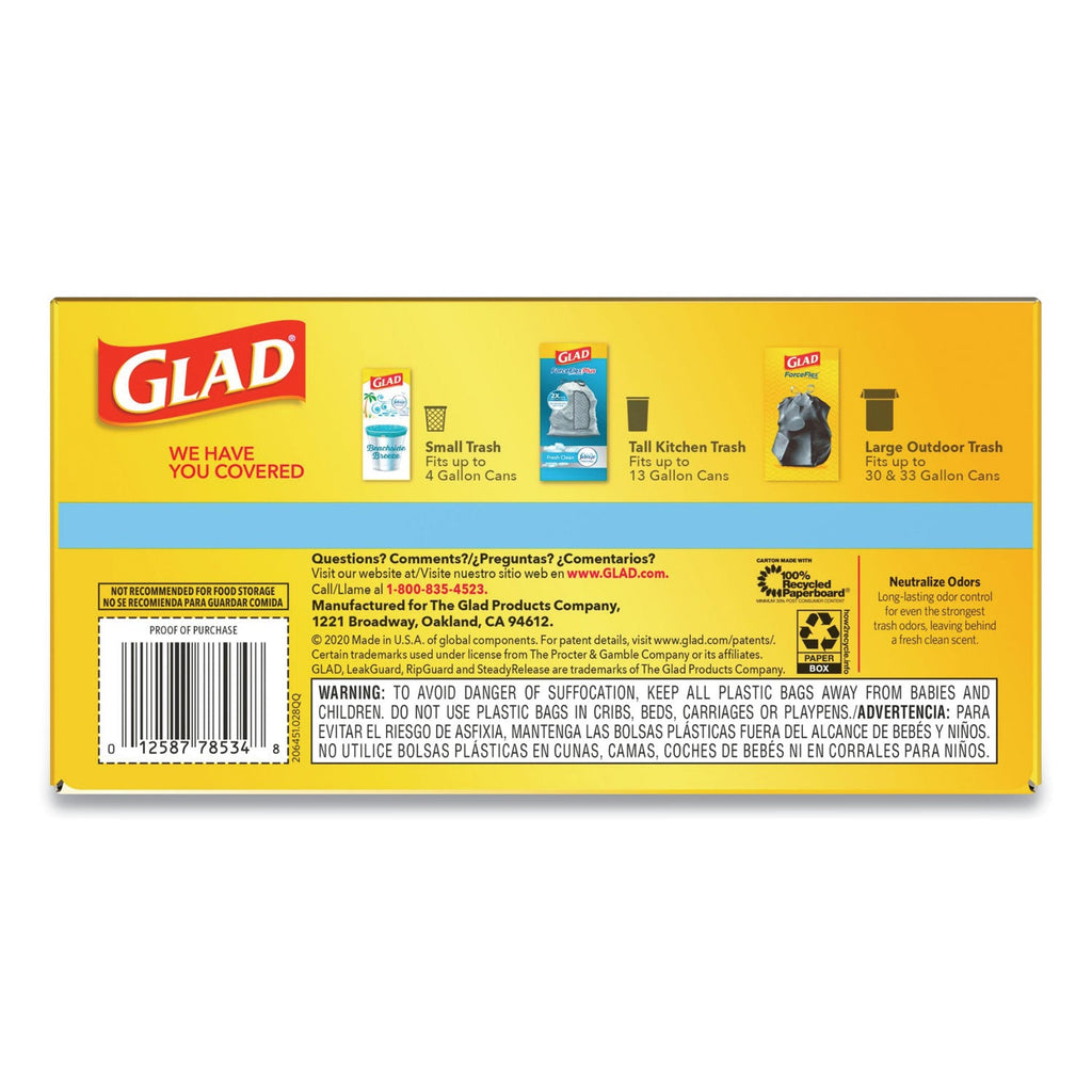 Glad OdorShield Tall Kitchen Drawstring Bags, 13 gal, 0.72 mil, 24" x 27.38", White, 80/Box