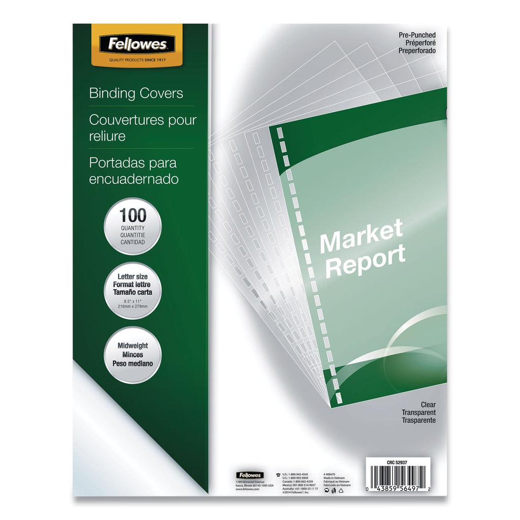 Fellowes Crystals Transparent Presentation Covers for Binding Systems, Clear, with Square Corners, 11 x 8.5, 3-Hole Punched, 100/Pack