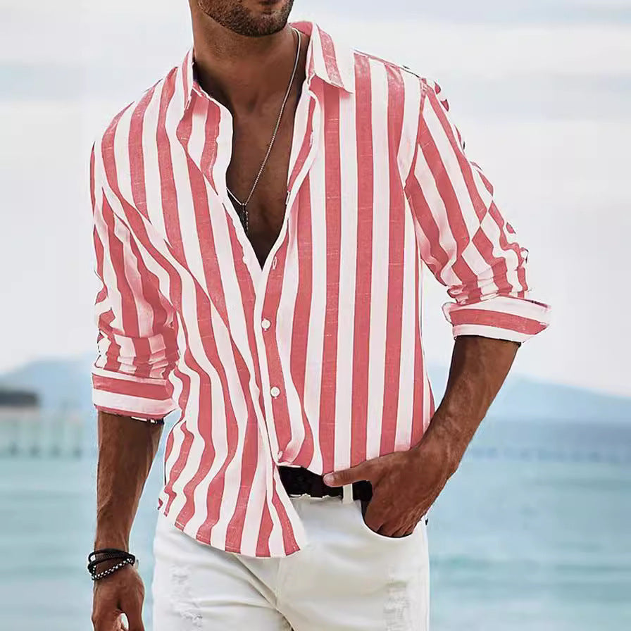 Men’s Striped Button-Up Shirt – Casual Loose Long-Sleeve