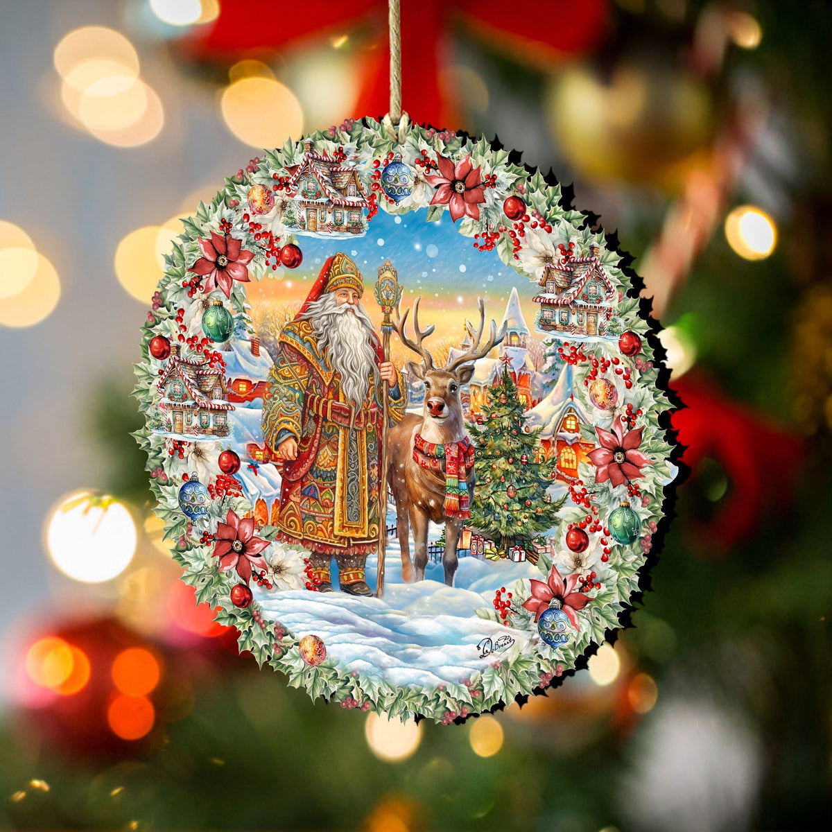 Santa's Magical Cottage Wreath Wooden Ornaments by G. Debrekht Christmas Santa Snowman Decor - 8611066