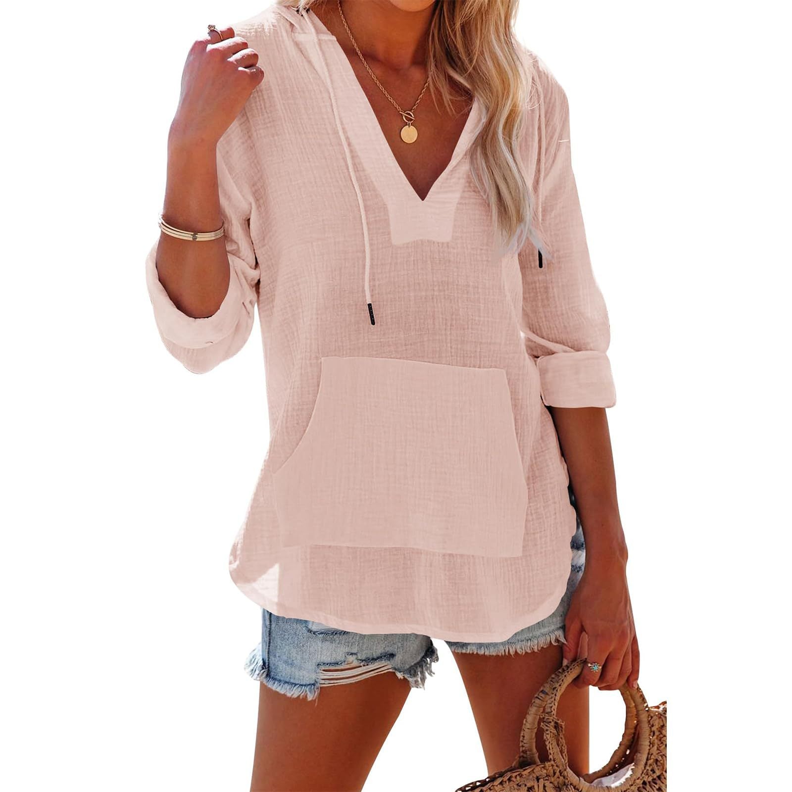 Women’s V-Neck Hooded Top with Pockets – Long Sleeve Split Hem