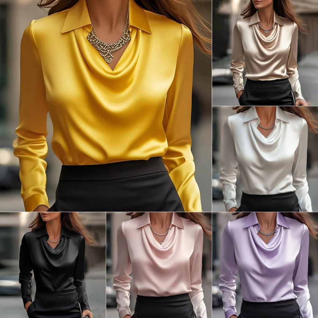 Women’s Swing Collar Draped Satin Blouse – Long Sleeve