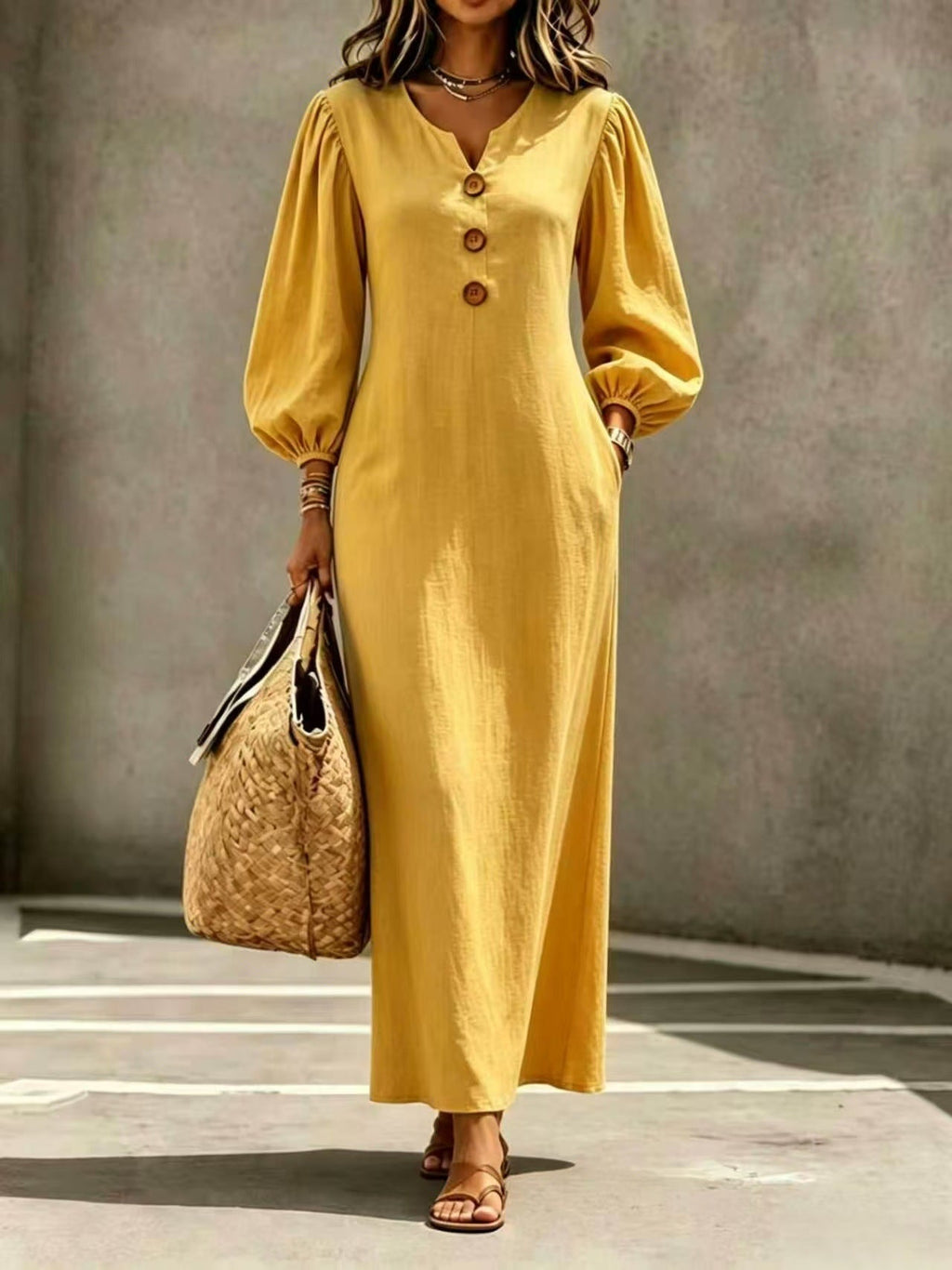 Women’s V-Neck Puff Sleeve A-Line Maxi Dress – Casual Elegant