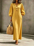 Women’s V-Neck Puff Sleeve A-Line Maxi Dress – Casual Elegant