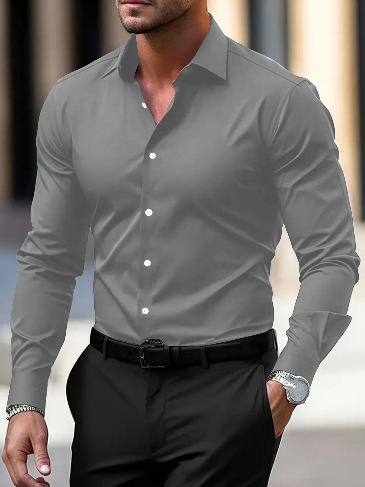 Men’s Long-Sleeve Casual Shirt – Solid Color Button-Down