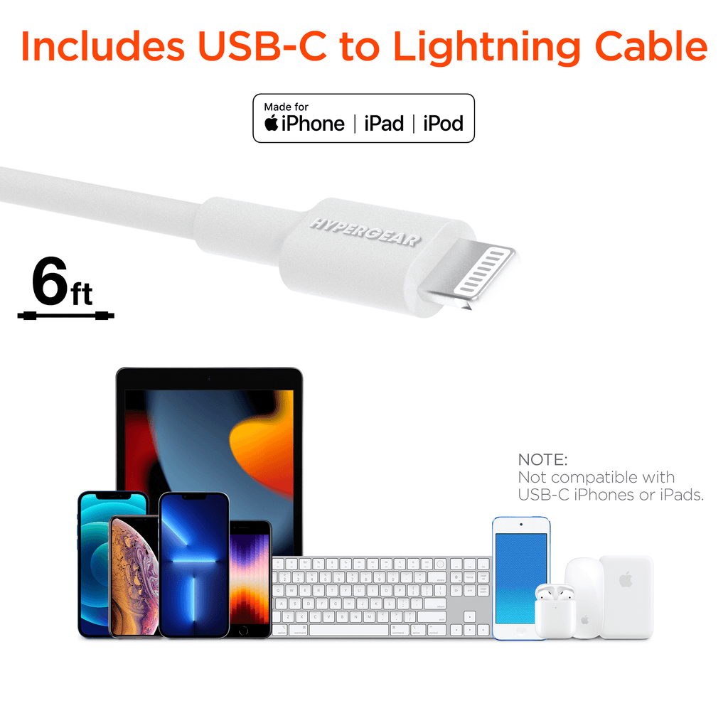 HyperGear SpeedBoost 25W USB-C PD + 12W USB Fast Wall Charger with PPS and 6ft MFi Lightning Cable
