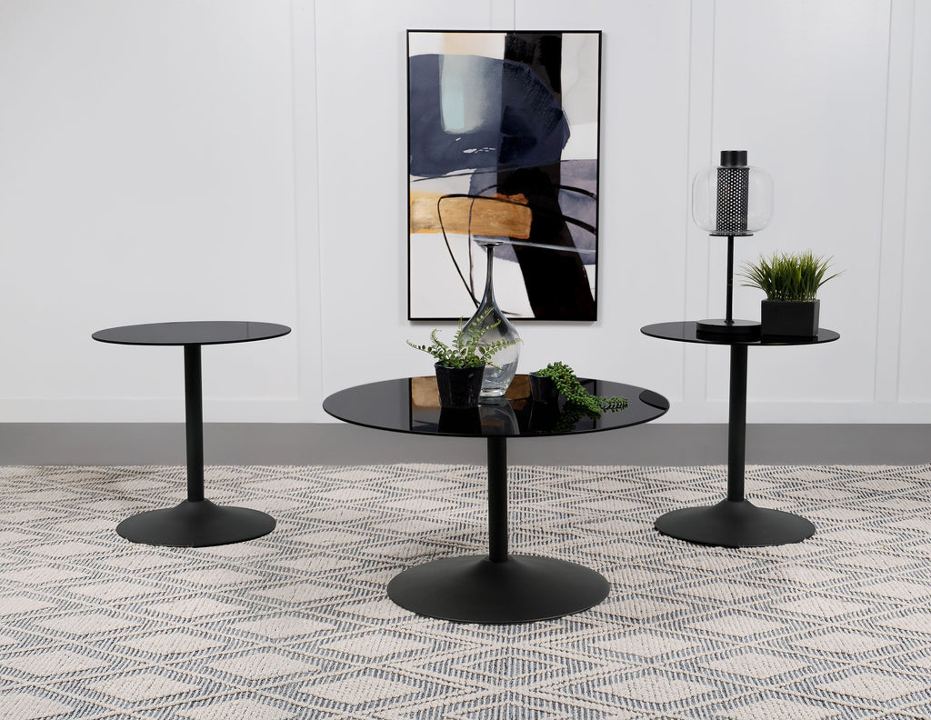 Ganso 3-piece Round Glass Top Coffee and End Table Set Black