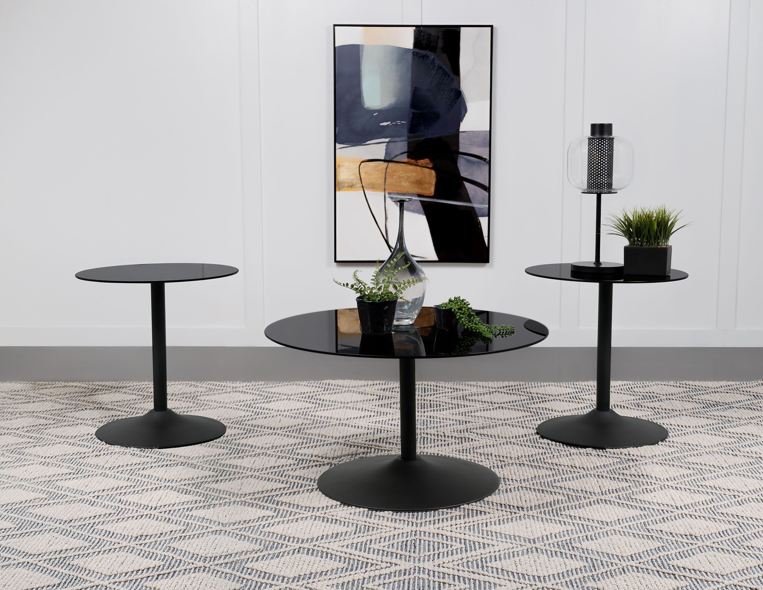 Ganso 3-piece Round Glass Top Coffee and End Table Set Black