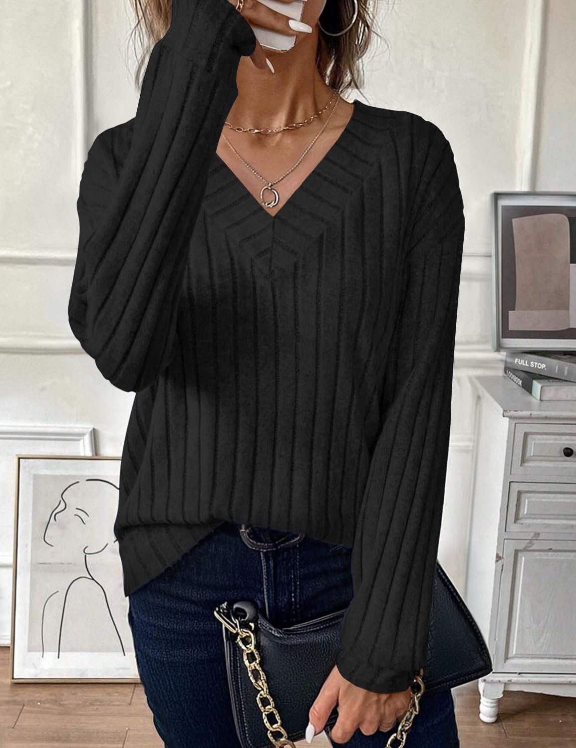 JUSTFASHIONNOW Long Sleeve V Neck Shirts for Women Lightweight Sweaters