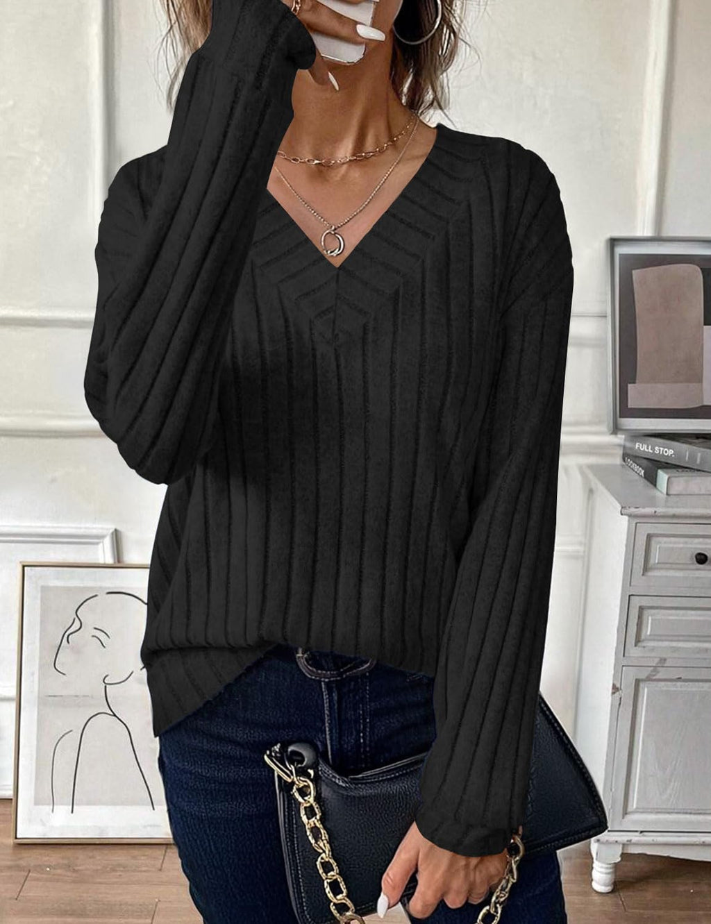 JUSTFASHIONNOW Long Sleeve V Neck Shirts for Women Lightweight Sweaters