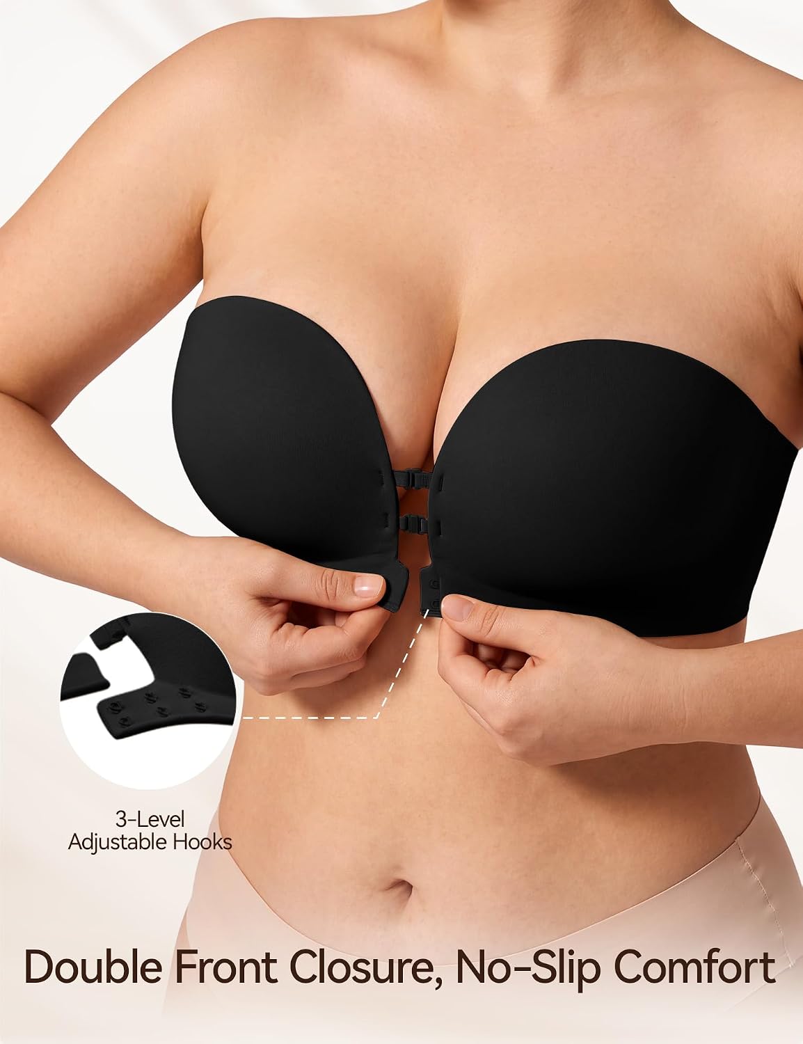 LUCKMEEY Women's Strapless Front Closure Push Up Bra, Non-Slip Removable Straps, Wireless Seamless, A-C Cup