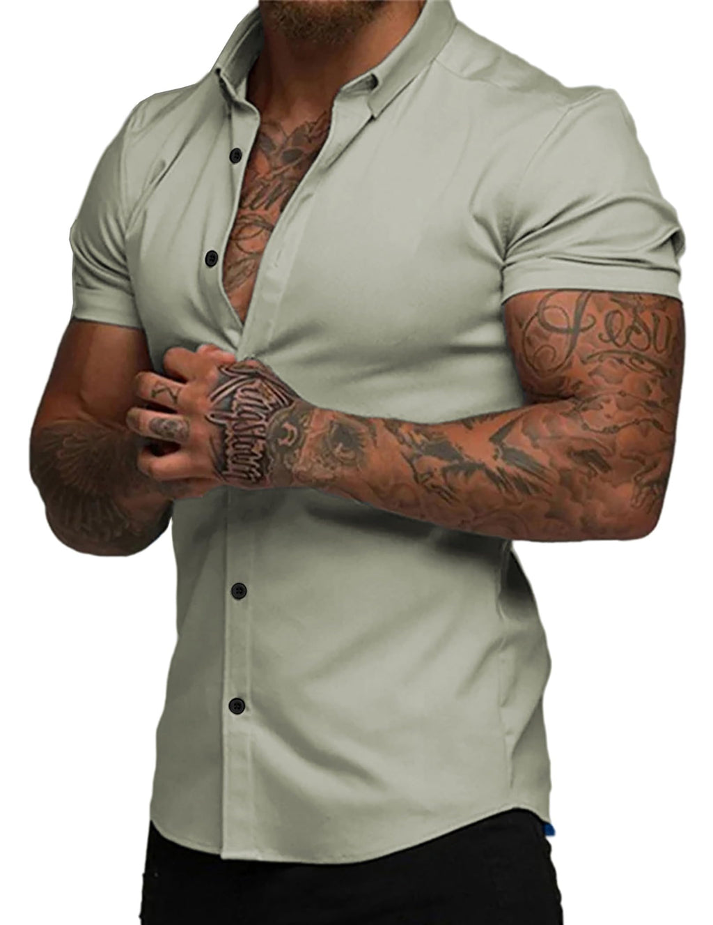 JMIERR Men's Muscle Fit High Stretch Wrinkle-Free Button Down Dress Shirts Summer Casual Short Sleeve Shirt