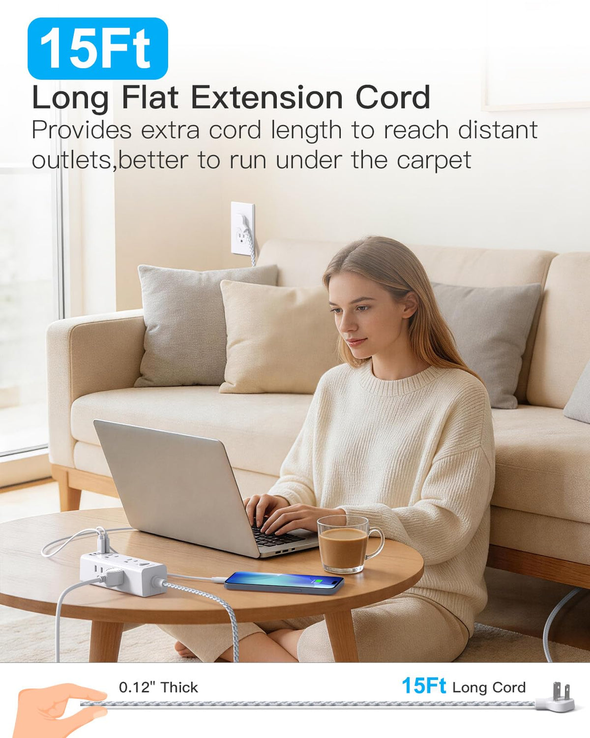 Surge Protector Power Strip 10Ft Long Extension Cord with Multiple Outlets