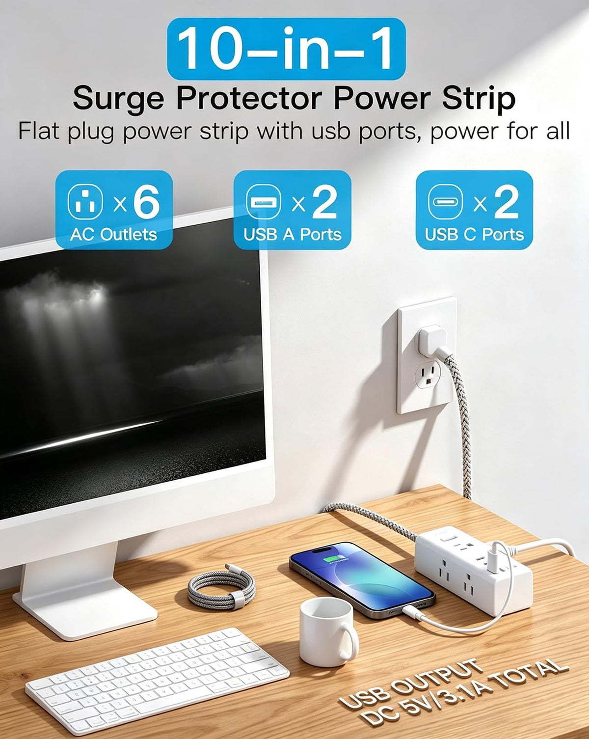 Surge Protector Power Strip 10Ft Long Extension Cord with Multiple Outlets