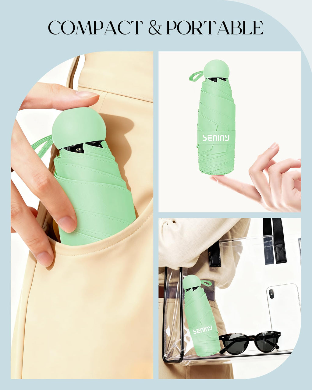 Seniny Mini Travel Umbrella with Case, Compact Pocket Size UV Sun & Rain